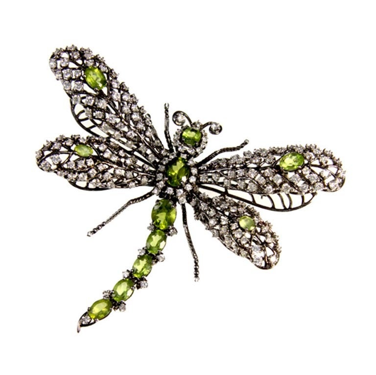 Tremble Articulated Dragonfly Sterling Silver Peridot CZ Brooch Pin