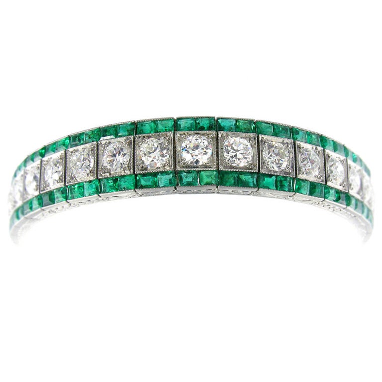 Art Deco Emerald and Diamond Line Bracelet