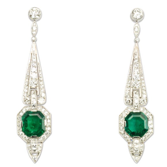Tiffany Art Deco Emerald and Diamond Earrings