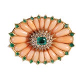 Coral, Emerald and Diamond Flower Head  Brooch