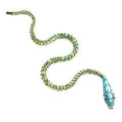 Turquoise, Diamond, and Ruby Articulated Snake Necklace