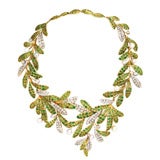 Edwardian Demantoid, Diamond and Pearl Garland Necklace