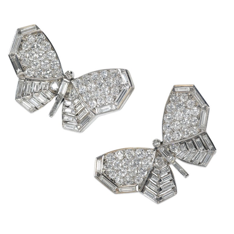 Diamond-Set Platinum Butterfly Earrings For Sale