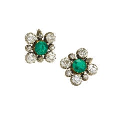 Antique Emerald and Diamond Cluster Earrings