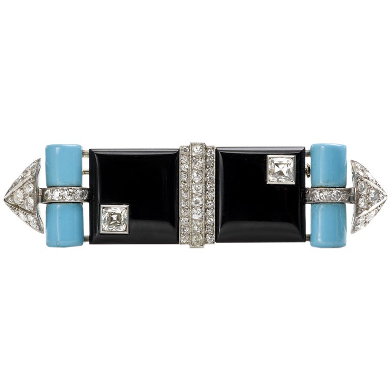 Fouquet Art Deco Turquoise, Onyx, Diamond Brooch