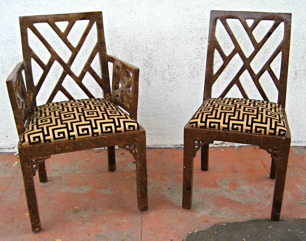 Set of 6 Chinese Chippendale Style dining Chairs (2 armchairs)<br />
with lacquered coconut shell veneer in the style of Karl Springer.  Freshly upholstered in Greek Key patterned Cotton/Velvet.