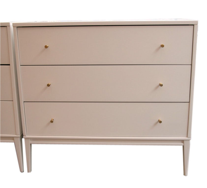 Paul McCobb 3 drawer white lacquer Planner group dresser ca.1950 in pristine refinished condition. Gorgeous white satin lacquer finish over solid maple construction.Interior is perfectly restored with newly refinished drawer boxes.Polished brass
