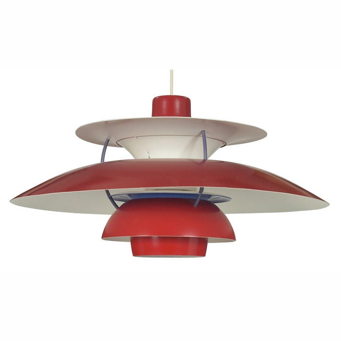 A vintage PH5 hanging lamp designed by Poul Henningsen for Louis Poulsen.  Original white finish.  Multiple vintage PH5 lamps available. <br />
<br />
White light priced at $850 each.  Also available in Red for $1,395 Each (see photo below).  We