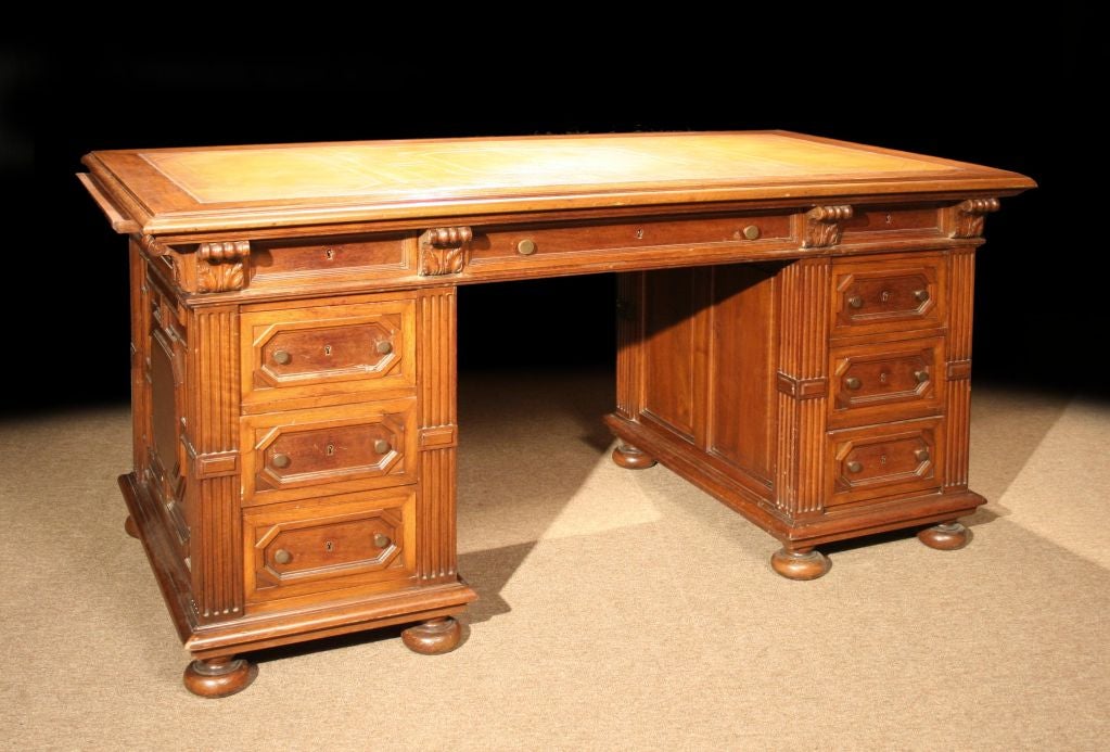 French Carved Walnut Partner's Desk. Circa 1890