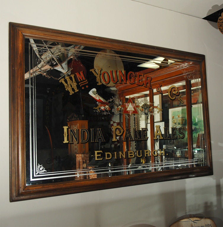 William Younger & Co. Ltd.<br />
Established 1749<br />
India Pale Ales, Edinburgh<br />
<br />
Incredible Back Bar Mirror with beautiful engraved and embossed Gold Leaf and reverse painted lettering. This very large and wonderful Pub mirror has