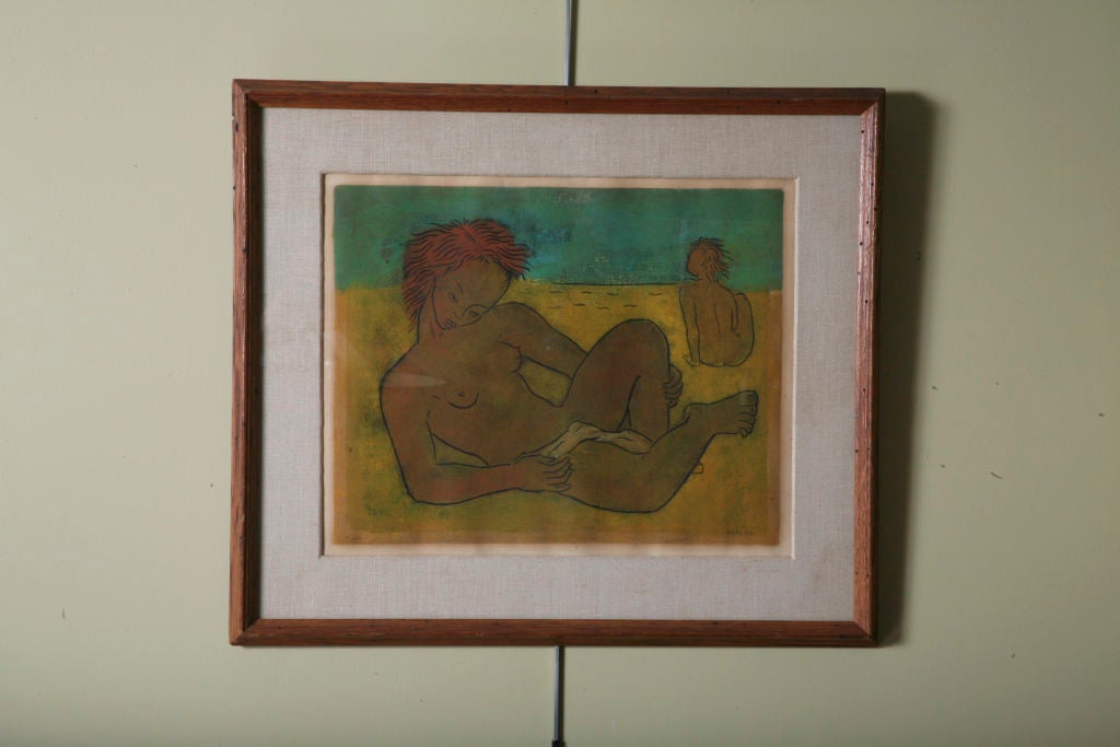 Reduced from $2,800 for saturday sale. Angel Botello (1913-1986) colorful linocut of nudes on a beach. Warm tropical colors, face types and bodies, hallmarks typical of Botello. Noted Latin American artist, born in Spain, after the Spanish Civil War