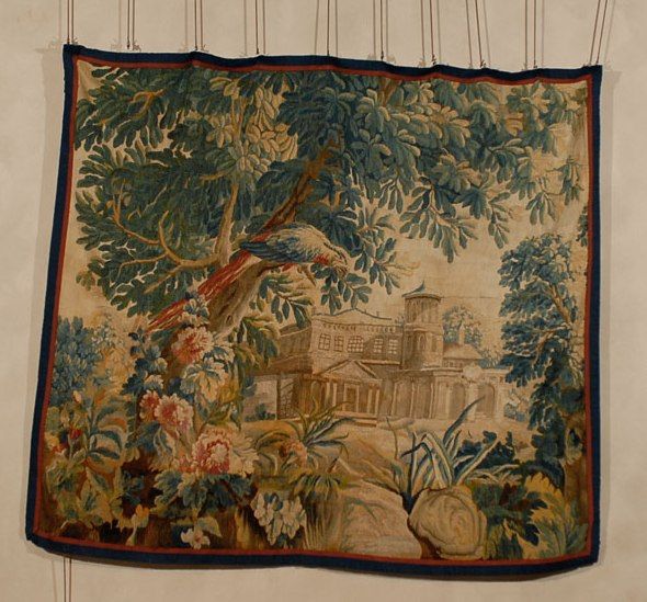The exotic bird and flowers in this Aubusson tapestry show us that it was woven in the second half of the 18th century, when an interest in the Orient led to a production of Chinoiserie verdures, or tapestries, depicting landscapes with an orinetal