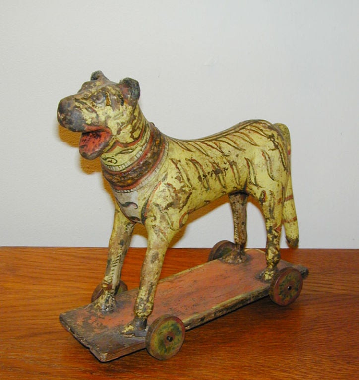Hand-Crafted 19th Century Anglo Indian Child's Pull Toy, Tiger on Wheels For Sale