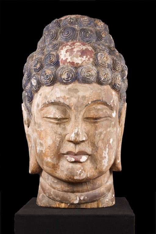 19th century Chinese carved wood and painted gesso Budda head.