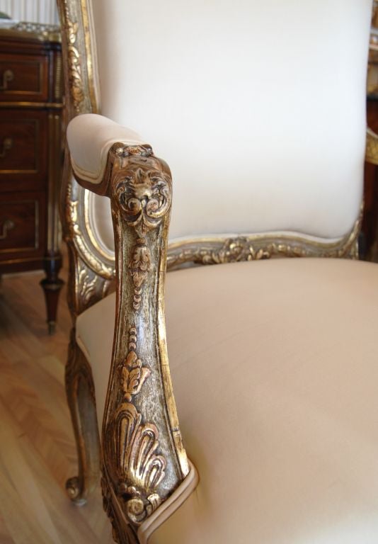 Pair of French Giltwood and Polychrome Louis XV Style Armchairs