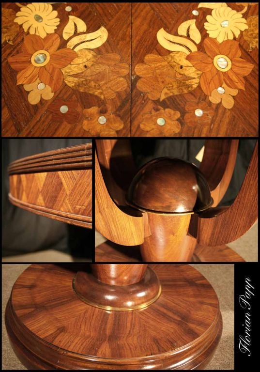 Parquetry and Floral Marquetry Center Table, Style of Leleu, French, 1940 For Sale 2
