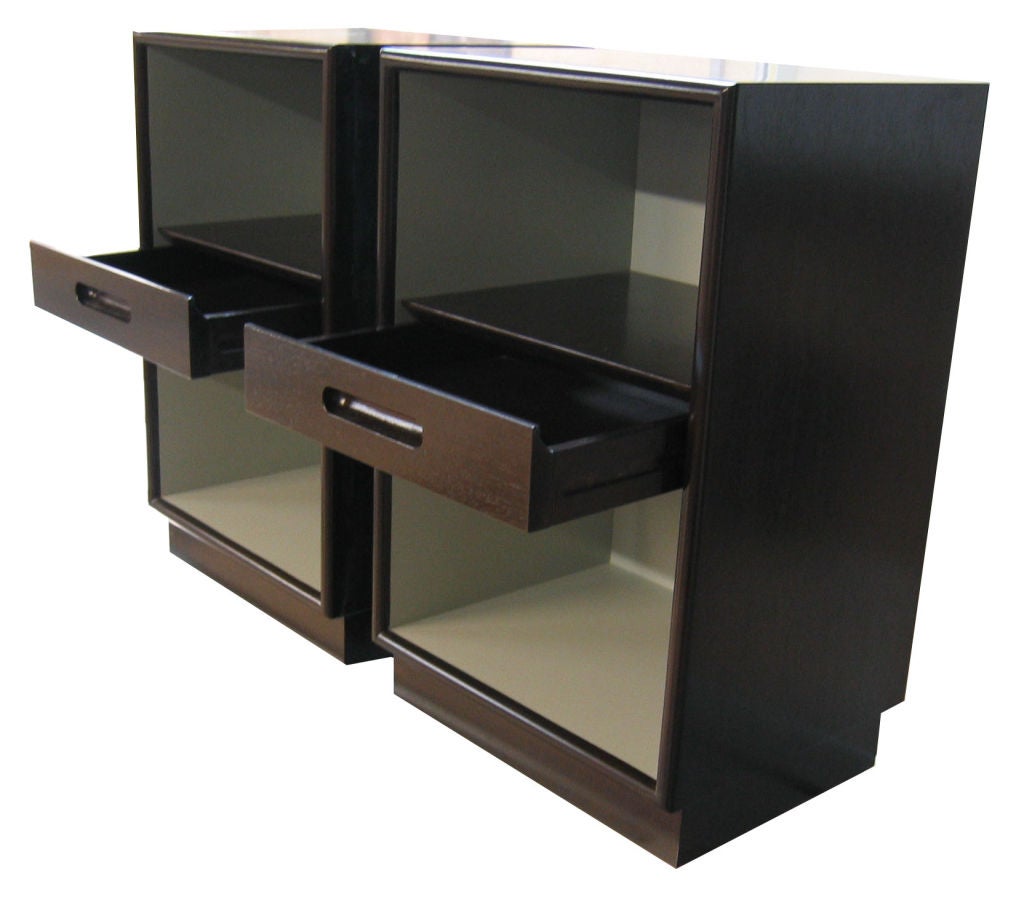 Mn originals single drawer nightstands featuring lacquered interior contrasted with premium veneer exterior on recessed base. Custom designed and fabricated with custom sizes and finishes available.

Custom orders have a lead time of 10-12 weeks