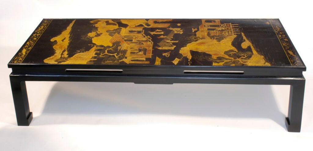 A very fine 18th century Chinese black lacquer panel decorated with figures in landscapes and pavilions at various pursuits, now custom mounted as a coffee table. (Three tables are available.)  

Height 16