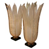 Pair of clear and pearlized white lucite floral lamps by Rougier