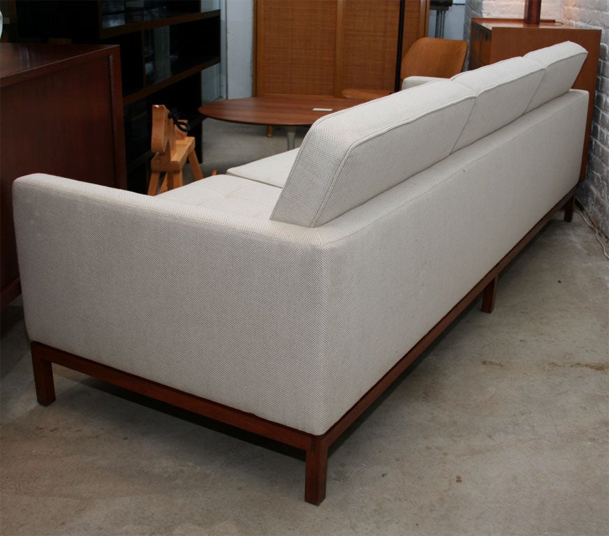Linen Florence Knoll 3 seat quilted sofa with wood base