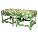 Pair of Upholstered Stools in Green and Ivory Printed  Fabric