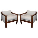 Pair of Mahogany Framed Armchairs Upholstered Natural  Linen