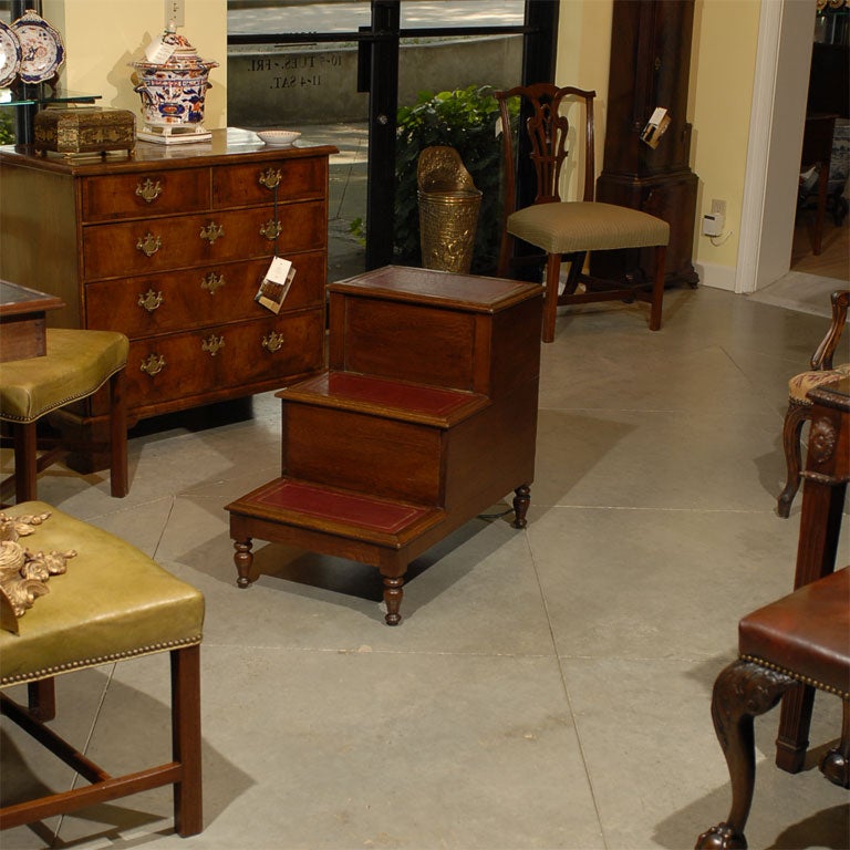 19th century oak bed steps with embossed leather steps.