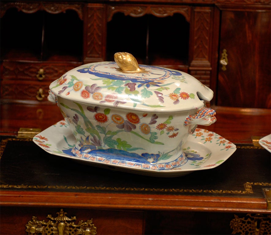 Two early 19th century Spode soup tureen, cover and stands. One set priced at $4,500; the second, with restored cover, at $3,500
