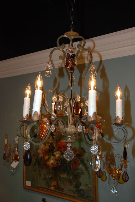 French Iron, Crystal and Fruit Chandelier