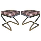 Pair of  Newly Upholstered Chrome Z Shaped Stools