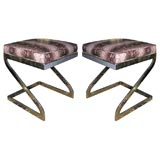 Pair of  Newly Upholstered Chrome Z Shaped Stools