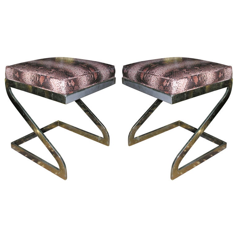 Pair of  Newly Upholstered Chrome Z Shaped Stools
