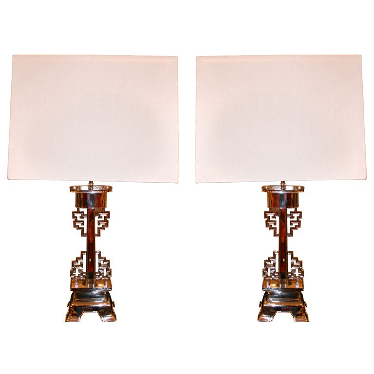 Pair of Nickel Asian Lamps For Sale