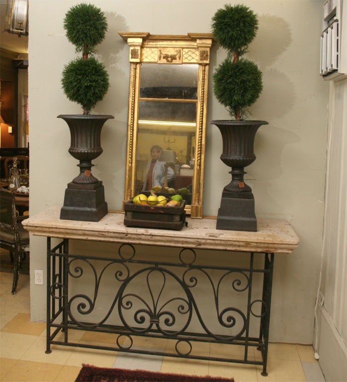 Vintage Iron Metal Console Base with Composite Stone Top.  Can be used as indoor or outdoor entry foyer table or as sideboard server.  Top and Base can be sold separately.   Base measures 58L x 32.5h x 12.25d, Top 67 x 19 d x 4