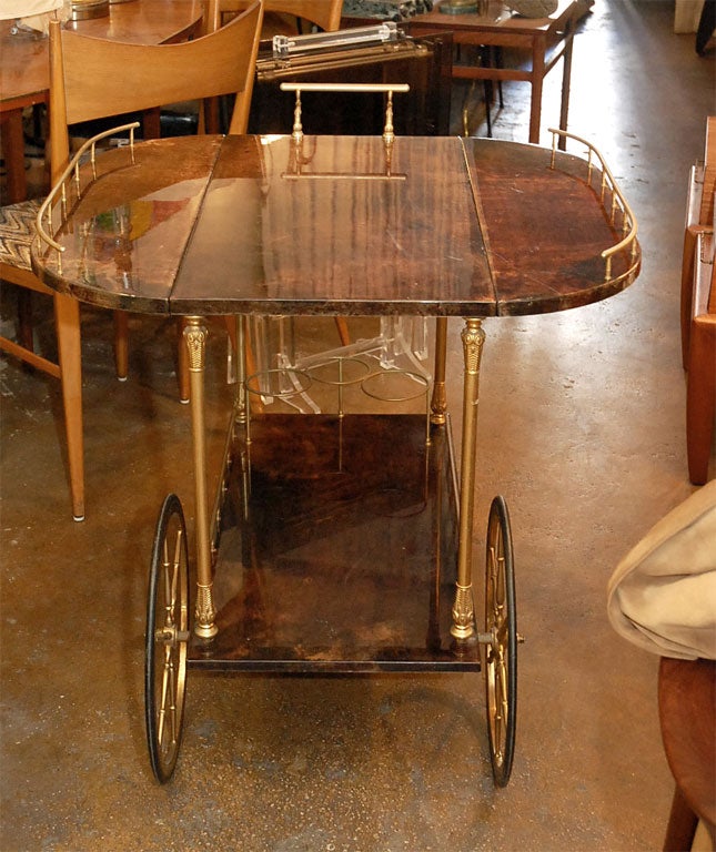 Aldo Tura  brass goat skin/ parchment  tea/ bar cart , serving. 3