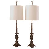 Pair of Patinated Bronze Candlestick Lamps with Silk Shades