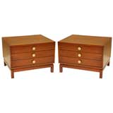Pair of Three Drawer Walnut Tables with Brass Pulls by Cal Mode