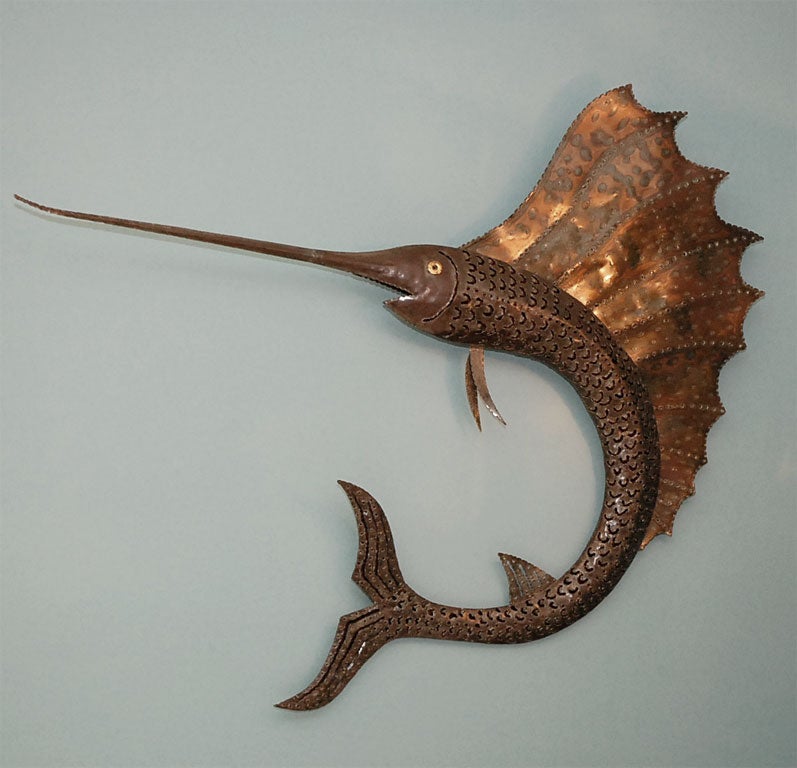 Torch-cut steel swordfish sculpture. Copper fin. Great detailing. Beutiful patina. Great scale. Probably California Design
