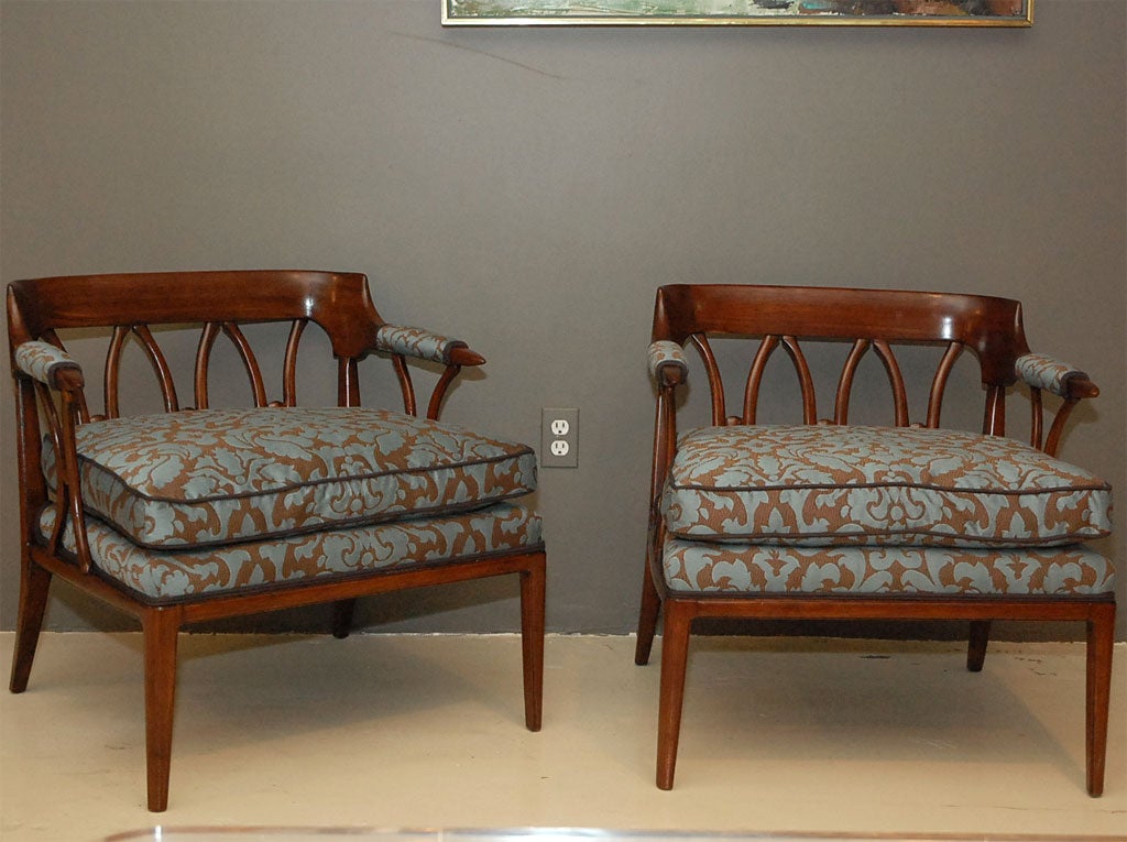 Pair of walnut arm chairs reupholstered in Damask fabric.  Designed by John Lubberts & Lamber Mulder for the Sophisticate Line for Tomlinson Furniture.