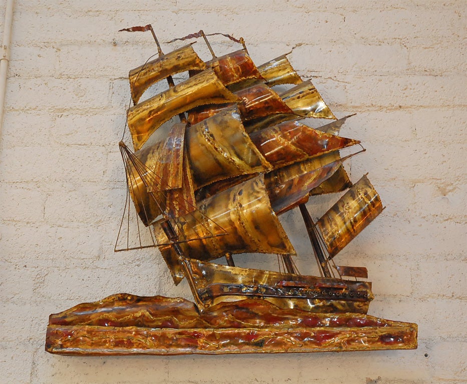 Brass ship wall sculpture by Curtis Jere