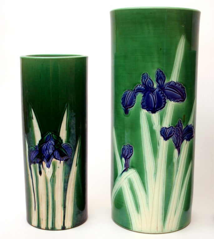 Japanese Set of Five Awaji Art Pottery Incised Iris Column Vases