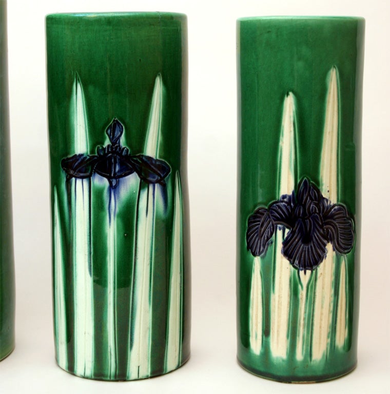 20th Century Set of Five Awaji Art Pottery Incised Iris Column Vases