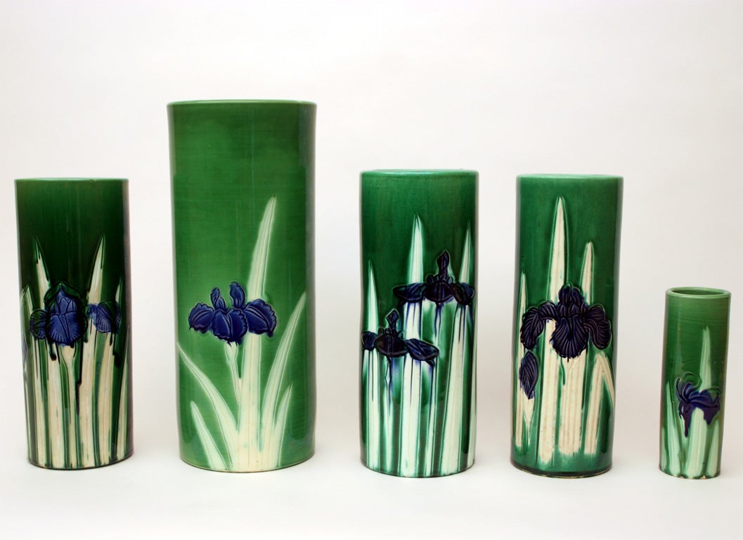 Set of Five Awaji Art Pottery Incised Iris Column Vases 1