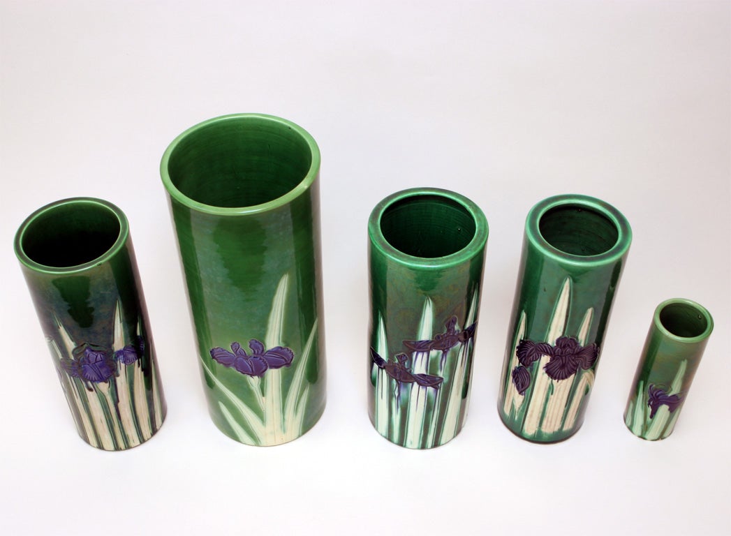 Set of Five Awaji Art Pottery Incised Iris Column Vases 2