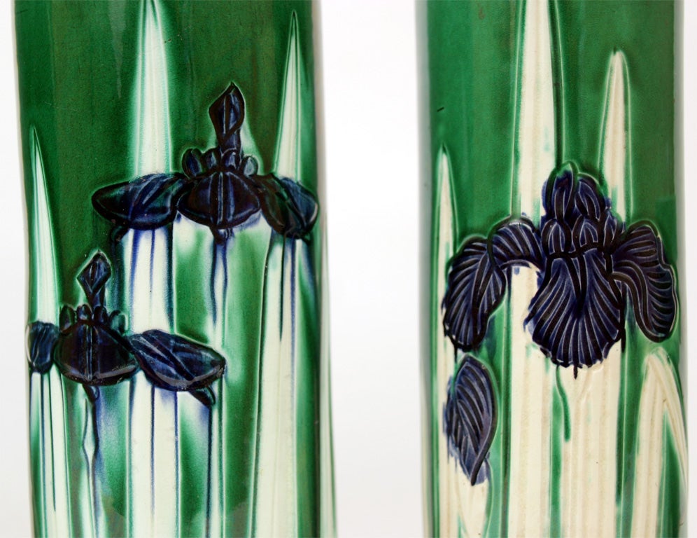Set of Five Awaji Art Pottery Incised Iris Column Vases 3