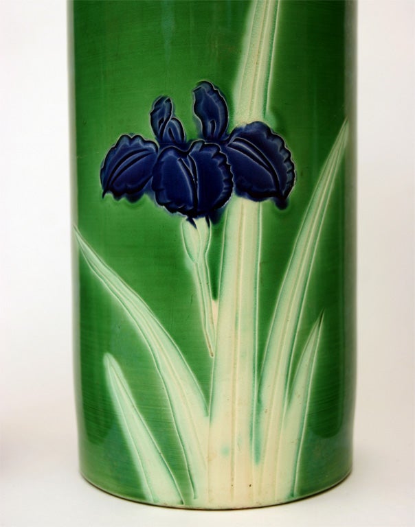 Set of Five Awaji Art Pottery Incised Iris Column Vases 4
