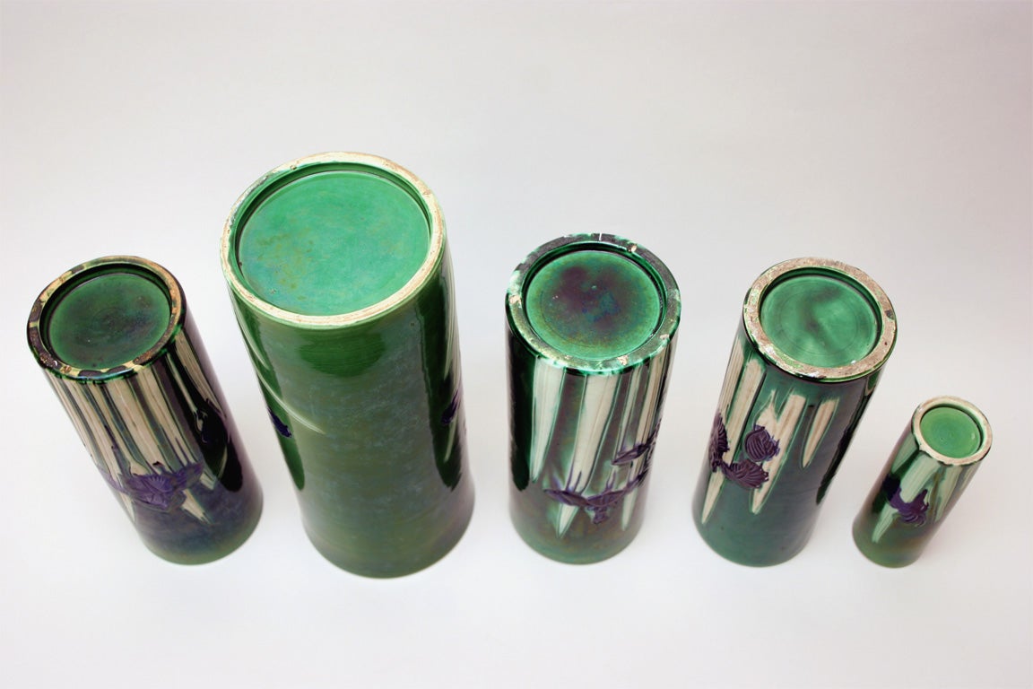 Set of Five Awaji Art Pottery Incised Iris Column Vases 5