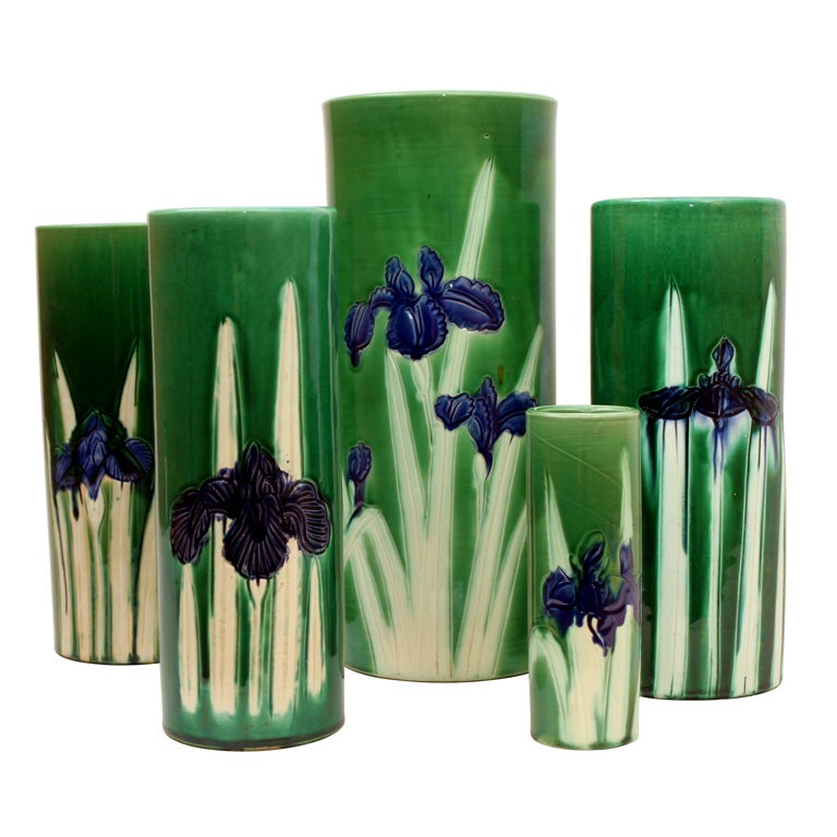 Set of Five Awaji Art Pottery Incised Iris Column Vases