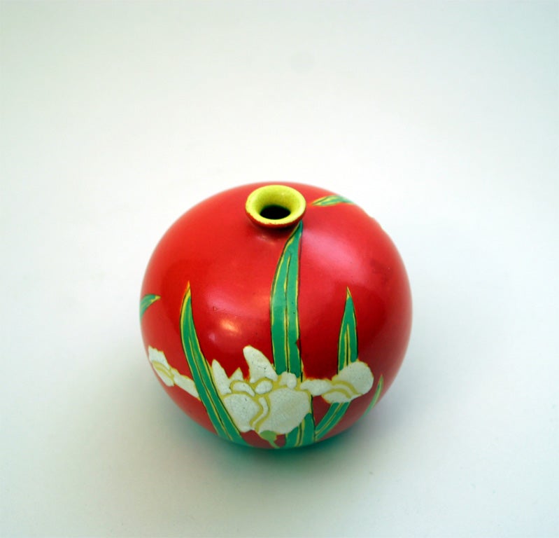 Thickly enameled iris decoration in strong, contrasting colors. Decorated front and back. Hand-thrown. Circa 1930. 3