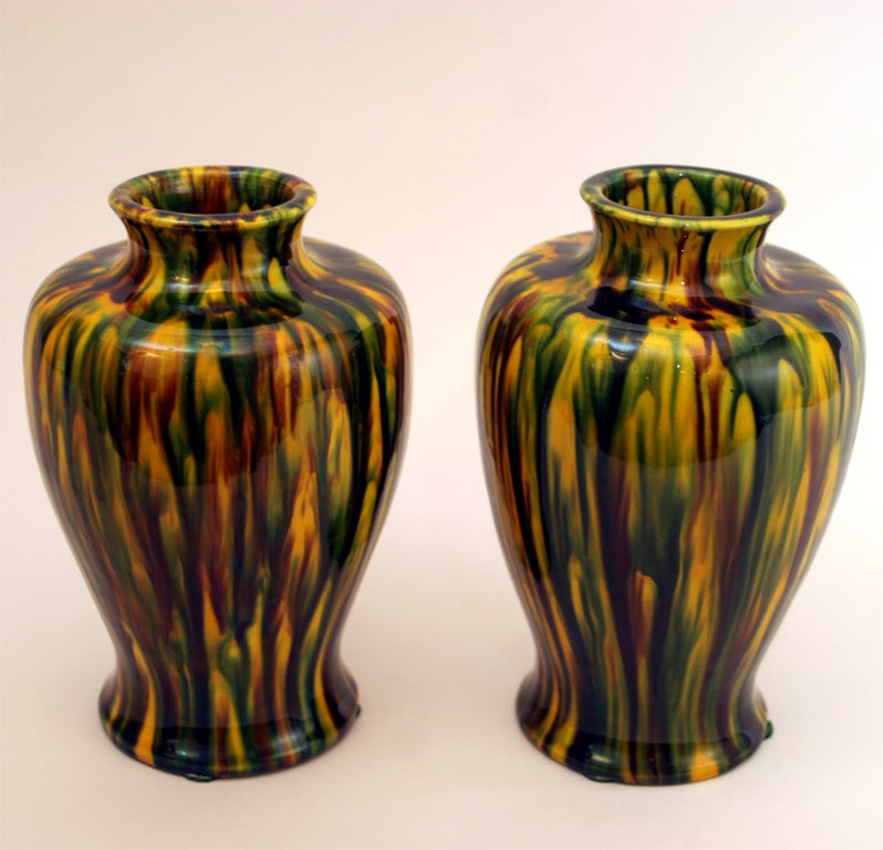 Pair Awaji pottery baluster form vases with striking sancai(yellow, green, aubergine) flambe glaze. Hand thrown. Circa 1930. 7